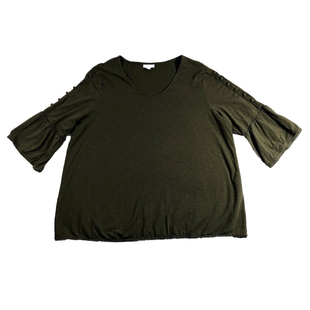 J Jill Shirt Women's Plus Size 2X‎ Dark Green 3/4 Bell Sleeve Buttons Blouse Top